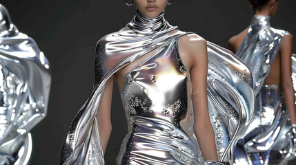 Beautiful fashion model in silver chrome dress surreal concept