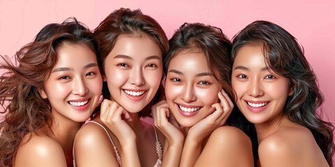 Fototapeta premium Beautiful women smiling. Skin care concept on clear pink background