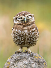 Obraz premium A small, adorable owl with closed eyes, perched on a rock, appearing content and peaceful, set against a soft, natural background