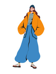 Young woman wearing sport style autumn spring season fashion clothes. Modern girl wearing casual clothes. Fashionable colorful outfit. Stylish female vector illustration isolated on a white background