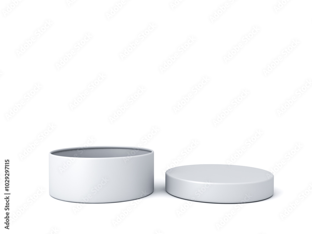 Poster Minimal white round box open with cover lid or blank cylinder gift box product display mockup isolated on white background with shadow creative idea concepts 3D rendering