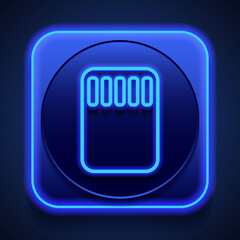 Memory card simple icon. Flat design. Blue neon style on button. With shadow