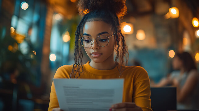 Woman reading document at a cozy cafe with warm lighting and a relaxed atmosphere.