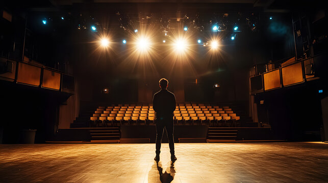 An actor rehearsing lines on stage in an empty theater illuminated by a single spotlight.