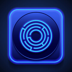 Maze simple icon. Flat design. Blue neon style on button. With shadow