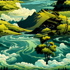 Seamless Fantasy Landscape Pattern with Mountains and Clouds