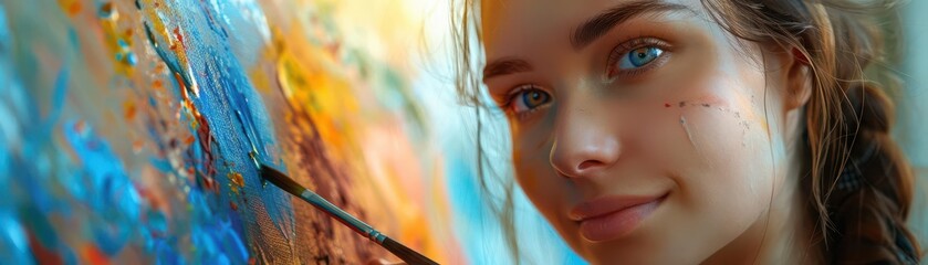 Naklejka premium Young girl with a paintbrush, creating a masterpiece on a large canvas