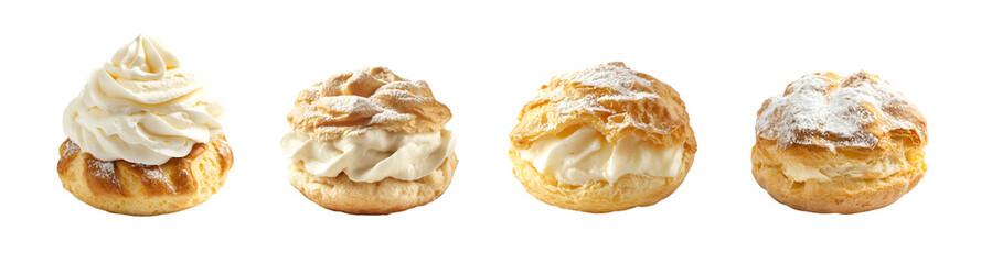 Cream puff pastry filled with whipped cream isolated on a transparent background