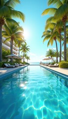Fototapeta premium Tranquil resort scene featuring a crystal-clear pool surrounded by palm trees, perfect for vacation marketing, travel brochures, and promotional materials.