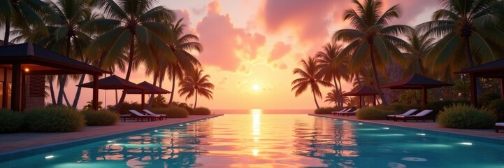 Obraz premium A stunning sunset view over a serene resort pool, surrounded by palm trees and loungers, creating a perfect tropical getaway ambiance.