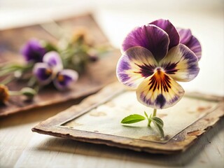 Fototapeta premium Dried Pansy Flower and Vintage Postcard Still Life with Tilt-Shift Photography Effect