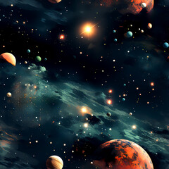 Seamless Space Pattern with Planets, Stars and Galactic Background