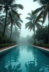 Fototapeta premium A tranquil resort scene featuring a serene swimming pool surrounded by palm trees in a misty atmosphere, perfect for relaxation and escaping into nature.