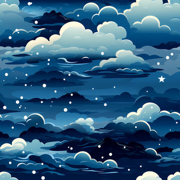 Seamless Fantasy Landscape Pattern with Mountains and Clouds
