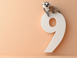 9 created by a lemur with its long tail forming the curved part of the number 9, soft peach background