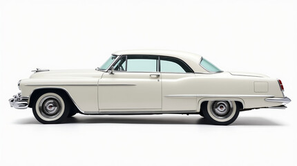 This classic white car, with its sleek lines and vintage style, is positioned against a light background, emphasizing its timeless elegance. The vehicle embodies automotive history