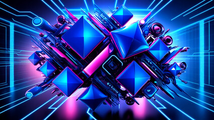 A blue business or technology background styled like circuitry, with flat elements symbolizing human connections. Circuit patterns intertwine, reflecting communication and networking 