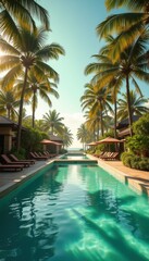 Fototapeta premium A stunning resort pool surrounded by lush palm trees, offering a tranquil getaway in a tropical paradise. Perfect for travel, hospitality, and leisure branding.