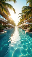 Fototapeta premium Tranquil resort pool surrounded by lush palm trees, perfect for relaxation and luxury getaway vibes. Ideal for travel brochures, hotel promotions, and lifestyle websites.