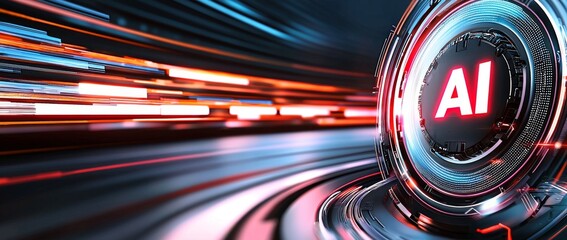 A futuristic and high-tech background with an AI chip glowing in the center, surrounded by circuit lines that form the letters "AI" on one side of it.