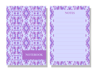 Notebook cover and notepad design. Seamless geometric abstract ethnic pattern. Blue and purple hues. Traditional textile-inspired style. Visually striking and bold. Pattern for fabric, stationery.