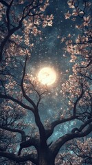 Fototapeta premium Ethereal Fractal Magnolia Trees Against a Starlit Night Sky with Full Moon