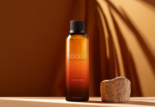 Warm Orange Cosmetic Bottle Mockup and Natural Rocks with Generative AI