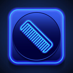 Hairbrush simple icon. Flat design. Blue neon style on button. With shadow