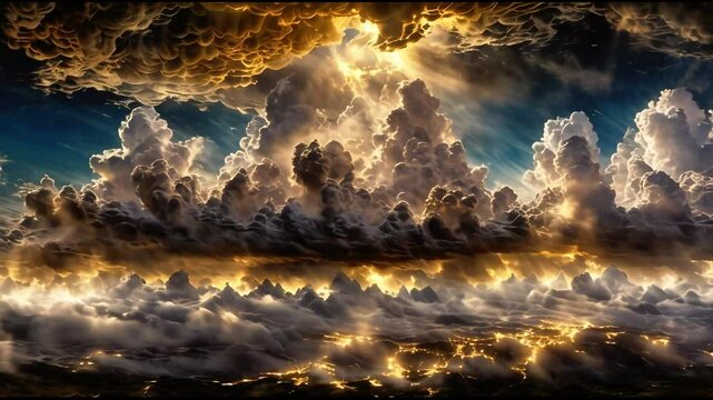 Titel: Golden Rolling Clouds in Heaven concept, Gates of Heaven in the clouds, golden light, god beams, religious scenery of hope and goals, heavenly, light in the dark, paradise in the skie, promised