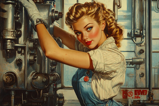 A vintage pin-up girl in a workshop setting, confidently posing amidst industrial machinery. The retro outfit, classic 1940s hairstyle, and rolled-up sleeves create a blend of glamour and strength