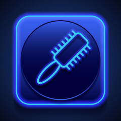 Hairbrush simple icon vector. Flat design. Blue neon style on button. With shadow