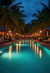 Fototapeta premium A serene night view of a luxurious resort pool, illuminated by soft lights, surrounded by tropical palm trees, perfect for relaxation and leisure.