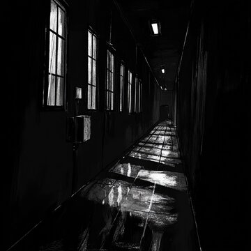 POV to a dark, dimly lit corridor