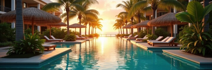 Experience the serene beauty of a tropical resort at sunset, featuring luxurious loungers and tranquil waters, perfect for relaxation and escape.