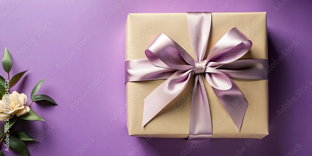 Poster Wrapped gift with a shiny purple ribbon on a pastel lavender background.