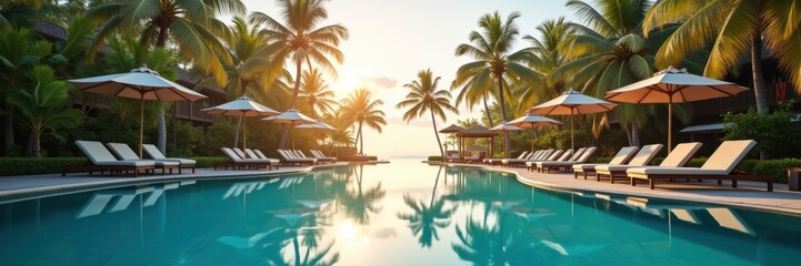 Serene resort scene featuring a tranquil swimming pool surrounded by palm trees and sun loungers, perfect for vacation planning and relaxation promotions.
