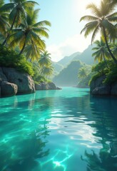 Obraz premium A serene tropical resort scene featuring lush palm trees and tranquil turquoise waters, perfect for travel promos or relaxation-themed projects.