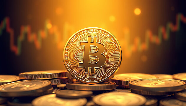Pila de monedas de bitcoins con gr&aacute;ficos de an&aacute;lisis financiero en el fondo, simbolizando la volatilidad y el crecimiento del mercado cripto, ideal para temas de criptomonedas y econom&iacute;a digital.