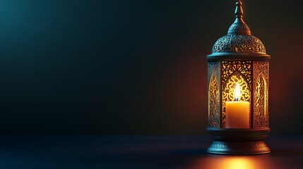 A Decorative Arabic Lantern with a Burning Candle Glowing at Night: An Elegant Holiday Card Inviting You to Celebrate the Muslim Holy Month of Ramadan Kareem
