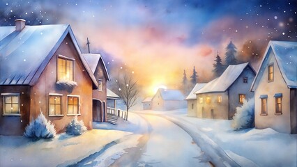 Fototapeta premium Snowy Winter Village at Sunset with Christmas Lights