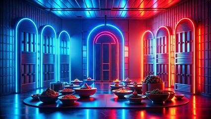 Vibrant Neon Gates - Futuristic Food Photography Concept with Glowing Portals and Duotone Backdrop