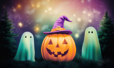 Spooky Halloween Illustration of a Glowing Jack-o’-Lantern with Witch Hat – Haunted House and Bats at Sunset