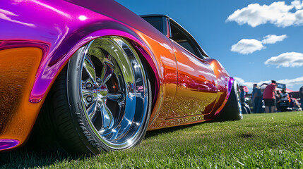 A highly polished show car with a candy-colored paint job and air suspension sitting low at an outdoor auto show.