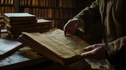 A historian examining ancient manuscripts in a dimly lit historical archive.