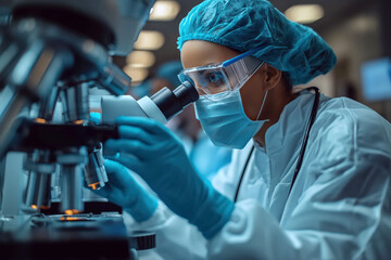 Focused female scientist conducting research with microscope in modern laboratory