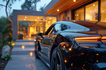 Luxury electric car parked outside modern house at dusk with lights on