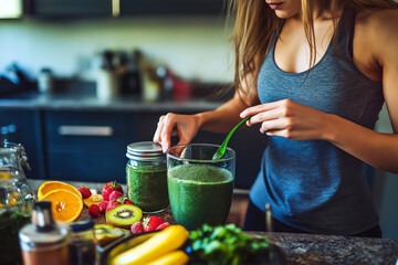 A fitness enthusiast preparing a spirulina shake with protein powder and fruits, with the kitchen in the background.
