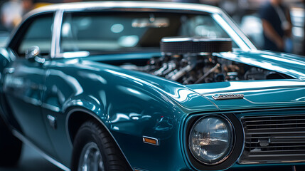 Obraz premium A fully restored classic American muscle car with a modern engine swap and custom interior at a car show.