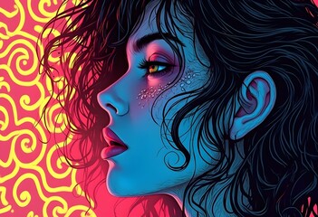 Portrait of a Woman Comic Style Featuring Bold Red and Blue Colors Surreal Anime Illustration Makeup