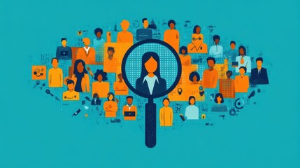 Obraz premium human resource management concept illustrated with a magnifying glass focusing on a manager icon surrounded by staff icons highlighting recruitment leadership and team development